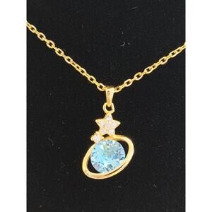 Galaxy Blue Quartz Planet Charm Necklace Space Theme Gold Plated 925 Silver 16"